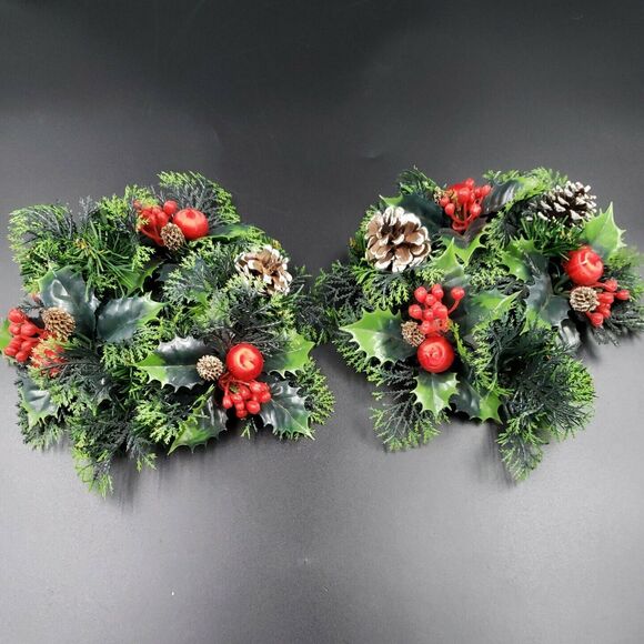 Vintage Christmas Candle Ring Holly Berry PAIR Plastic Centerpiece for 3" Pillar - Picture 1 of 16